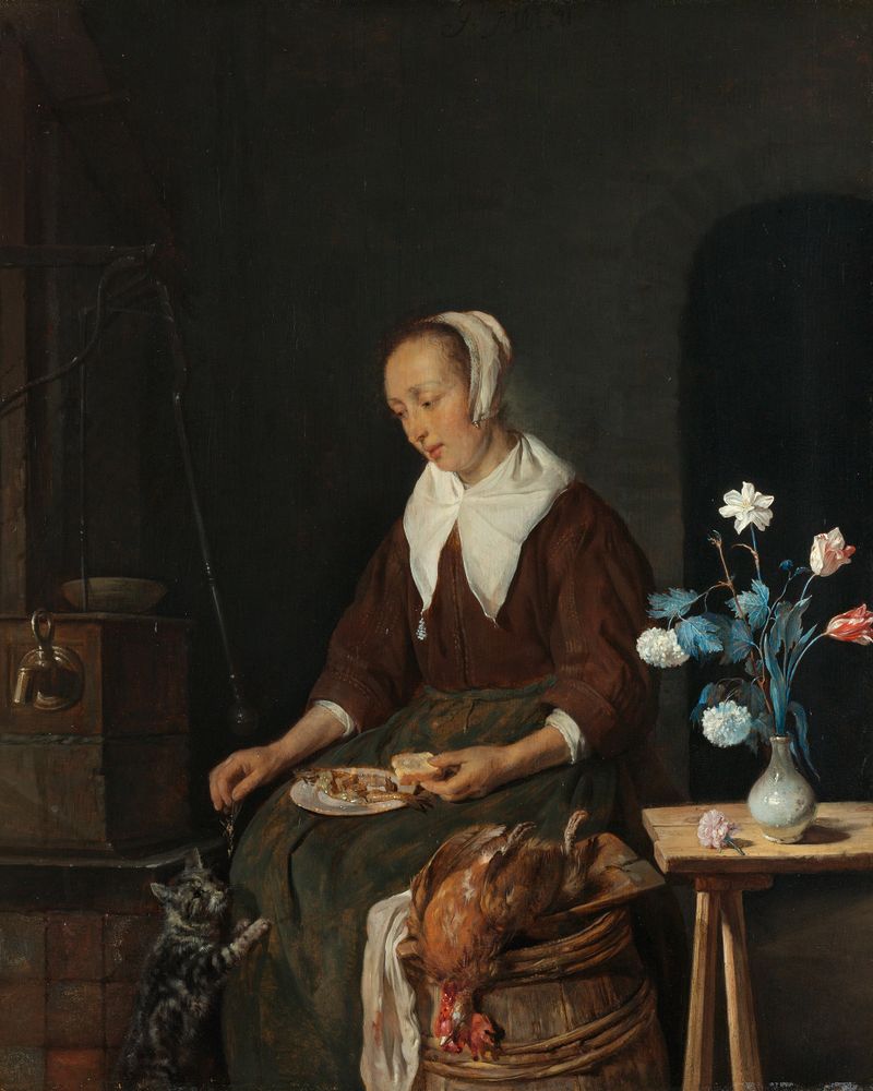 Woman Eating, oil on panel by Gabriël Metsu, showing a woman sharing a meal with a cat.