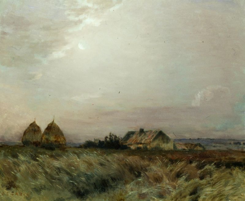 Paisaje de Jean Charles Cazin, óleo sobre lienzo que muestra colinas suaves bajo luz dorada.
