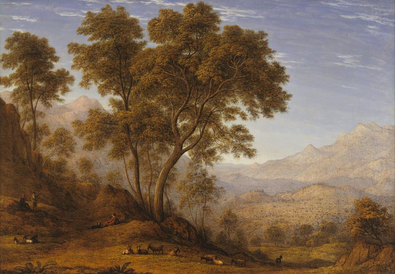 Pintura al óleo de John Glover que muestra un paisaje alpino exuberante con valles y montañas.