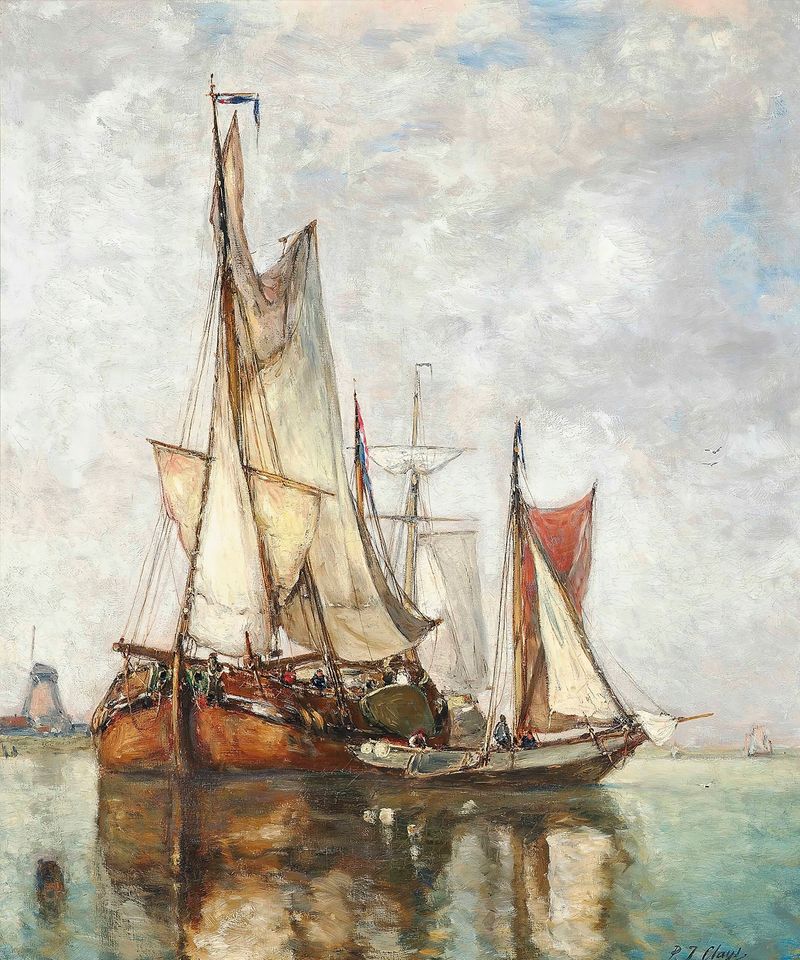 Barges moored by a river with a windmill in the background, oil on canvas by Paul Jean Clays