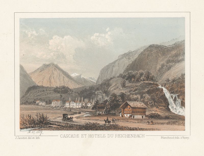Escena de cascada de Jean Jacottet, mostrando reflejos y luz en un paisaje romántico.