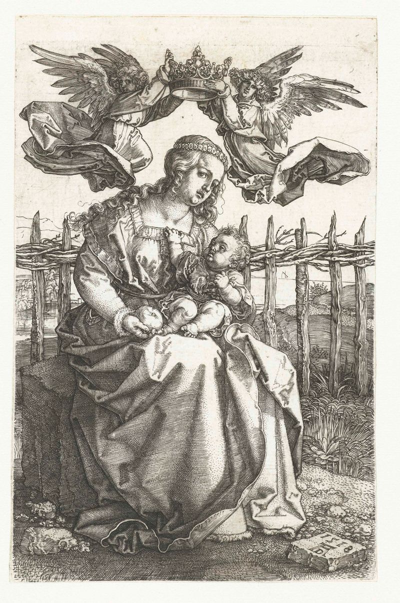 Gravura de Albrecht Dürer representando Maria coroada por dois anjos