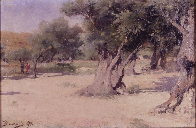 Olive Trees in the Holy Land de Vasily Dmitrievich Polenov, óleo sobre lienzo que muestra árboles retorcidos y tonos terro...