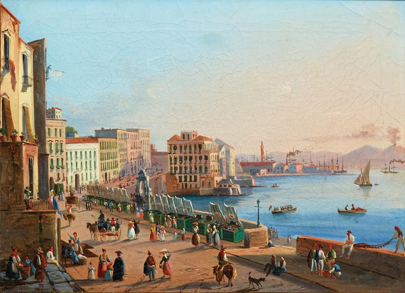 A View of Naples from Santa Lucia, oil on canvas by Salvatore Candido depicting a lively harbor scene.