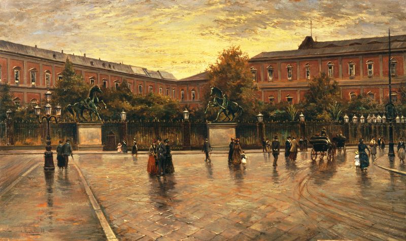 Architecture of Palazzo Reale with a solitary figure, oil on canvas by Attilio Pratella