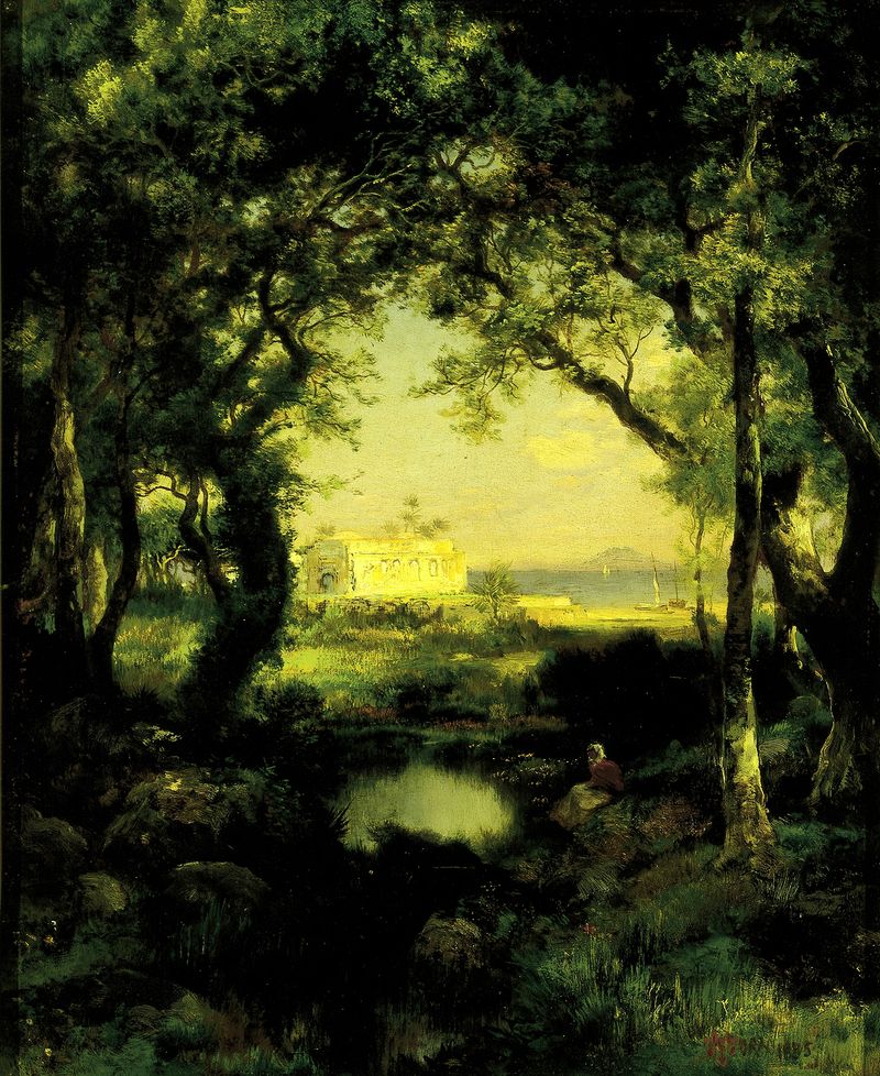 A Mexican Hacienda, Lake Cuitzeo de Thomas Moran, pintura a óleo que retrata uma paisagem tranquila.
