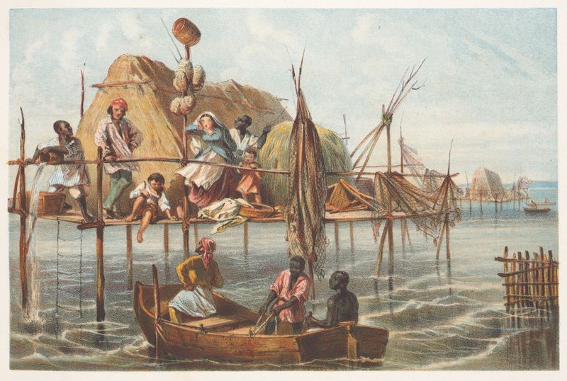 Architecture of a humble fishermen's house at dusk, by Pierre Toussaint Frédéric Mialhe