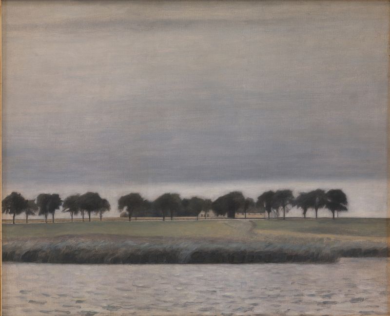 Oil painting by Vilhelm Hammershøi depicting a hazy landscape with water reflections.