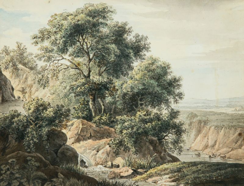 Paisaje Italiano de Johann Schilbach, pintura al óleo que muestra colinas suaves y un cielo pálido.