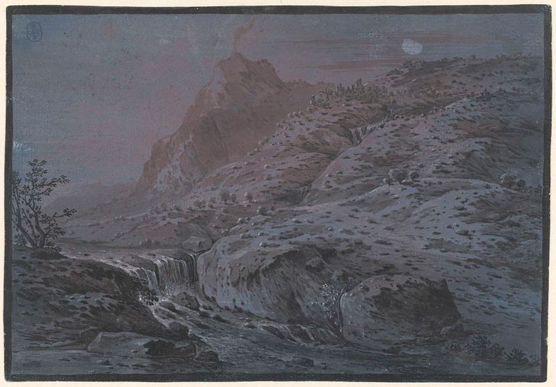 Dois paisagens noturnas de Monogrammist IAR de IAP, com um vulcão e luz da lua.