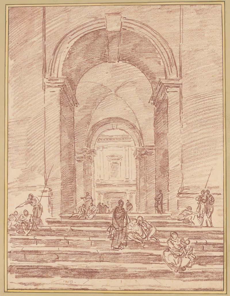 Figuras em uma Arcada Romana, óleo sobre tela de Hubert Robert, retratando uma cena arquitetônica com figuras.