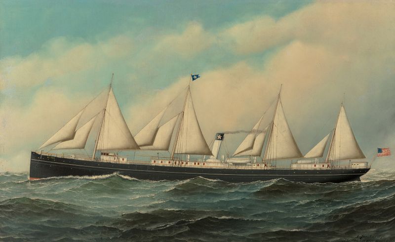 Oil on canvas by Antonio Jacobsen depicting a ship sailing on waves under a blue sky.