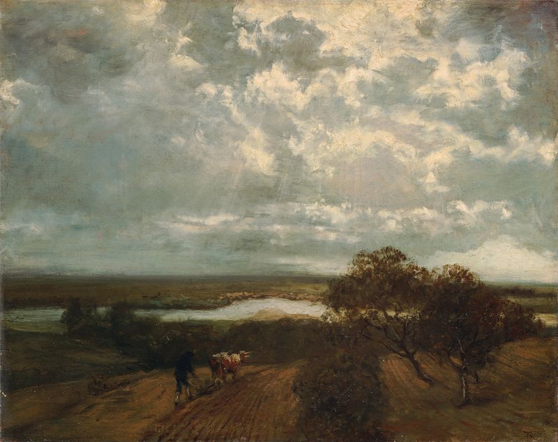 Mainlandschaft de Hans Thoma, óleo sobre lienzo que representa un follaje exuberante y montañas distantes.