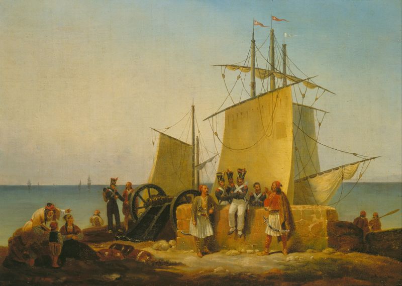 A Missão Francesa na Morea de Finert Noel D., óleo sobre tela mostrando figuras em uma paisagem suave