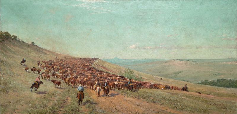 Driving the Herd de Frank Reaugh, pintura al óleo que muestra ganado en una pradera dorada bajo un cielo dramático.