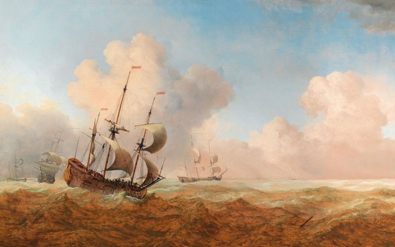 Um man-o-war inglês em águas agitadas, óleo sobre tela de Willem van de Velde o Jovem