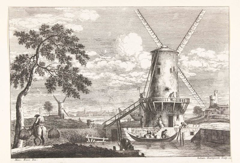 Landscape with a windmill and water by Giuliano Giampiccoli, etching