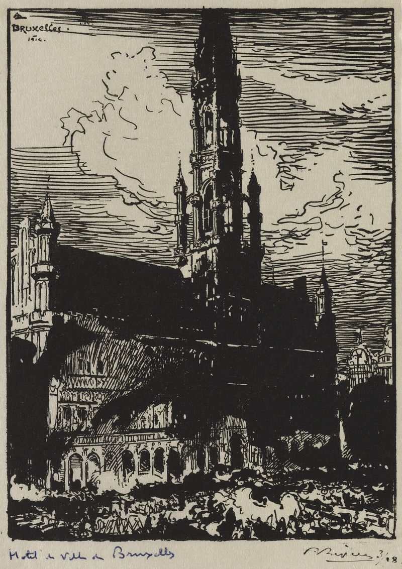 Hôtel de Ville de Bruxelles en feu, gravura de Auguste Louis Lepère, retratando chamas consumindo uma cidade.