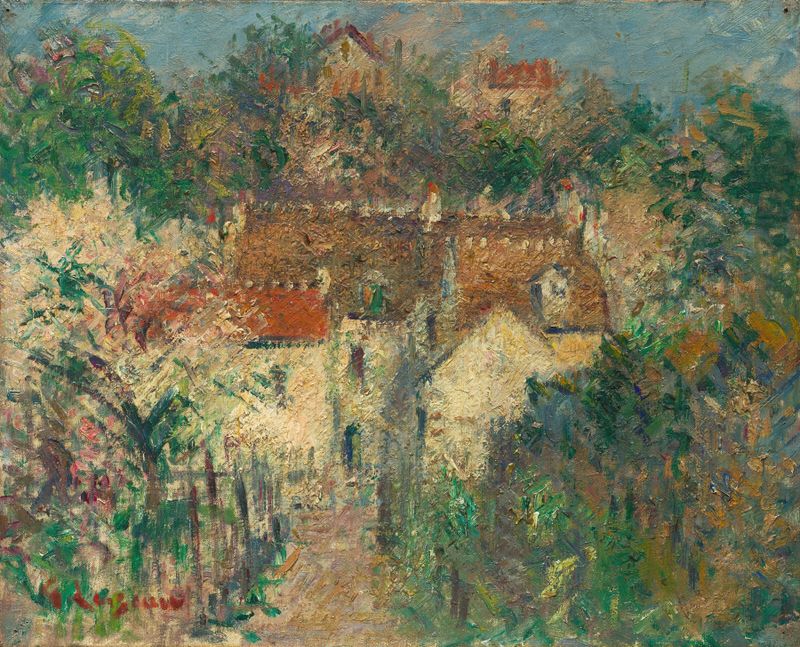 Vue de village de Gustave Loiseau, óleo sobre tela que retrata uma paisagem campestre serena.