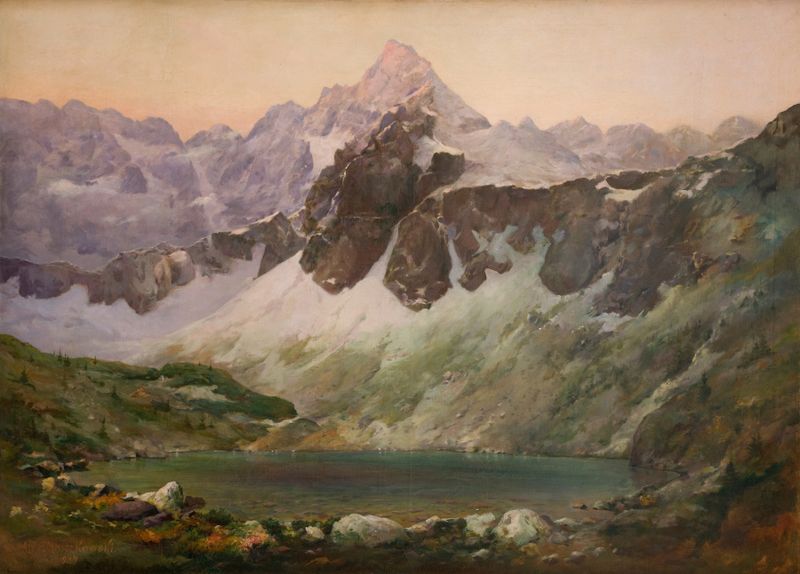 The Morskie Oko Lake, oil on canvas by Aleksander Mroczkowski, featuring a serene lake and mountains.