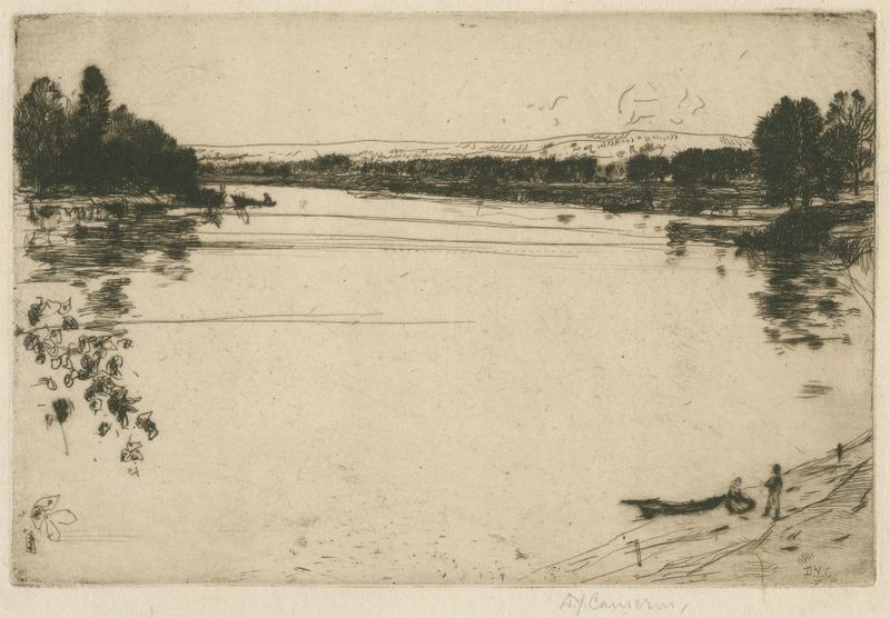The Tweed at Coldstream de David Young Cameron, pintura a óleo que retrata uma paisagem de rio tranquila.