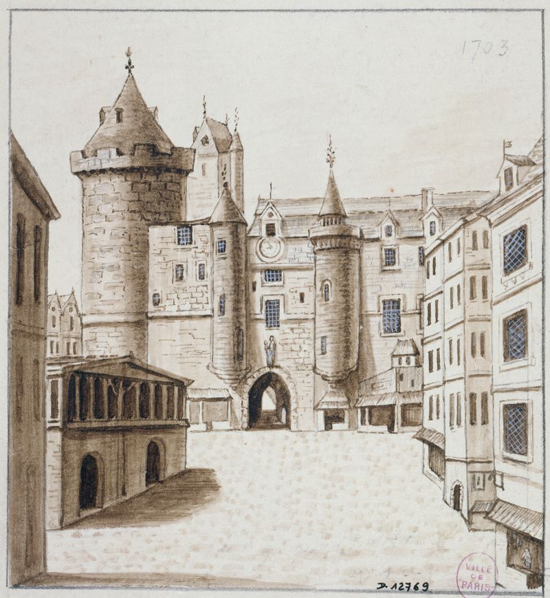 Le grand Châtelet by Alfred Bonnardot, oil on canvas depicting a grand structure illuminated by golden light