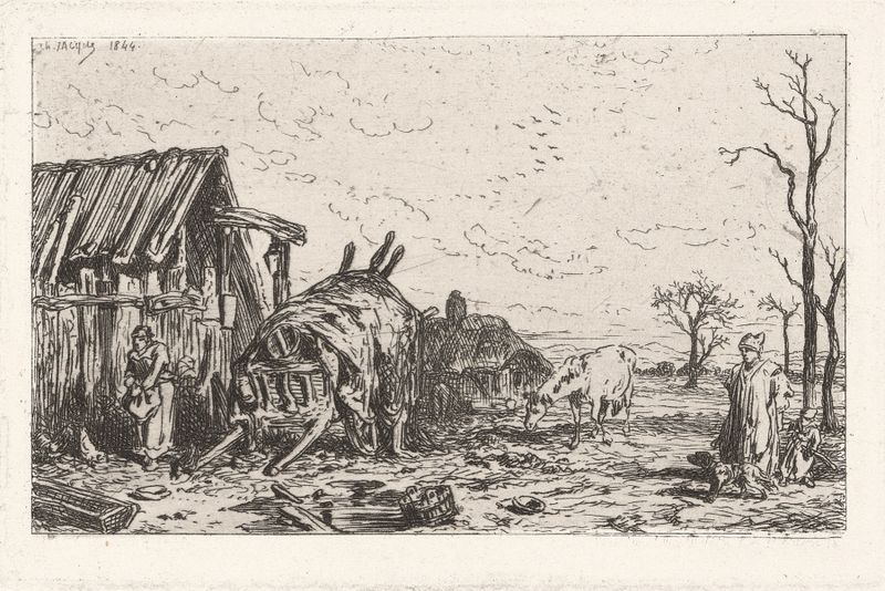 Rural landscape with barn, cart, and two farmers, oil painting by Charles Emile Jacque