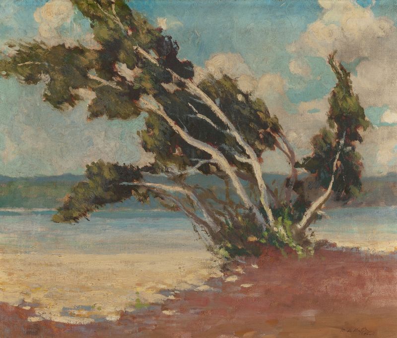 The Birches de Marjorie De Krafft Burton, pintura a óleo que retrata bétulas em uma paisagem tranquila