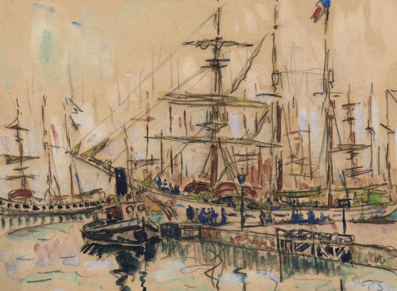Cena marinha com barcos de pesca em água cintilante, pintura a óleo de Paul Signac