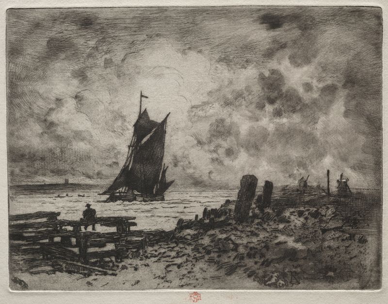 Marine scene with gentle waves and soft colors, oil painting by Félix Hilaire Buhot