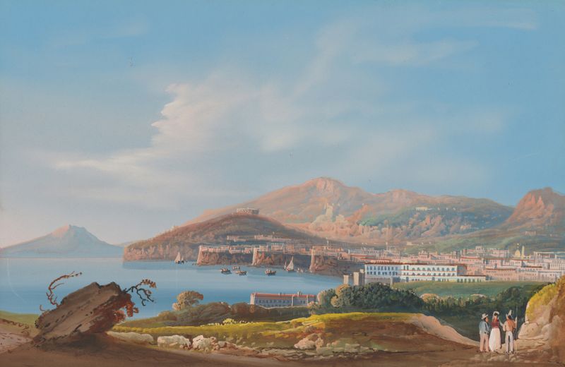 Vista de Sorrento, óleo sobre lienzo de un artista desconocido, que representa un paisaje costero con un pueblo y mar.