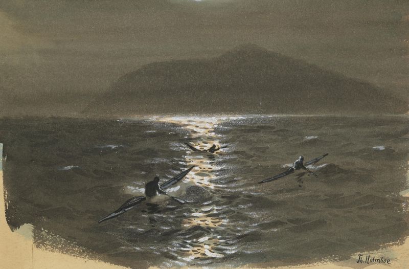 Oil on canvas by Thorolf Holmboe depicting kayakers on dark water at night.