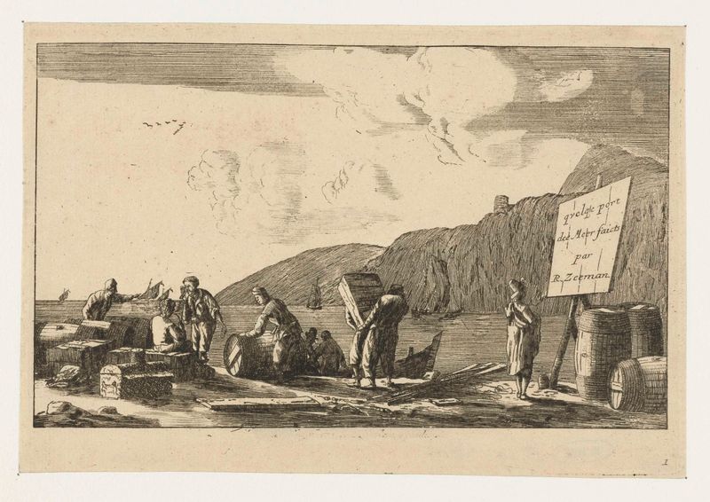 Grabado de Unknown Artist que representa a pescadores y comerciantes en un puerto