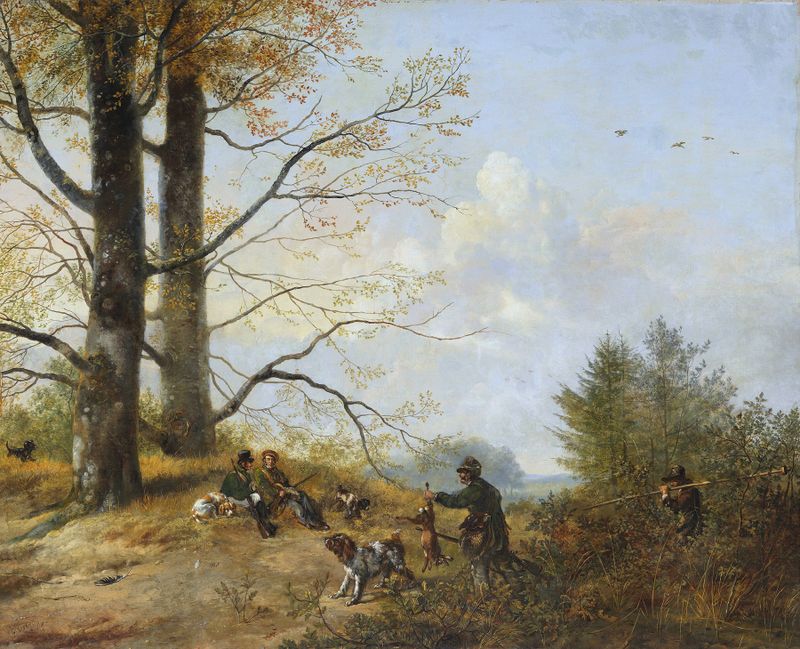 Rast nach der Jagd by Pieter Gerardus van Os, oil on canvas depicting figures resting under a tree.