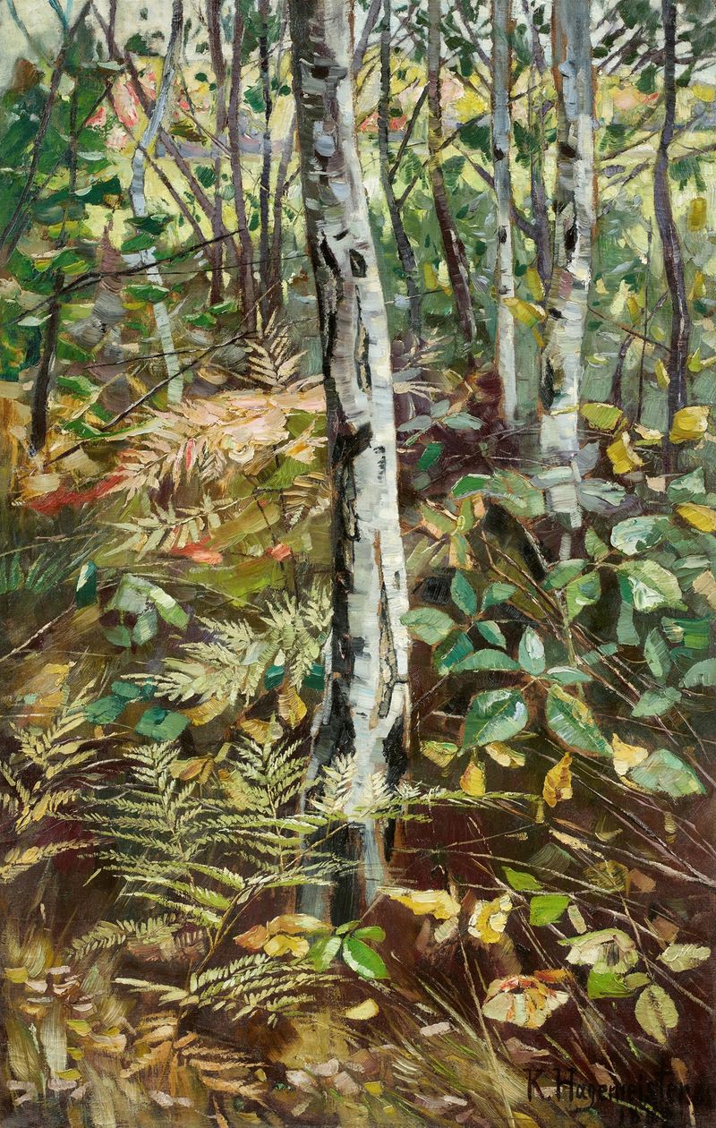 Birkenwald de Karl Hagemeister, óleo sobre tela que retrata uma floresta tranquila com luz filtrando entre as árvores.
