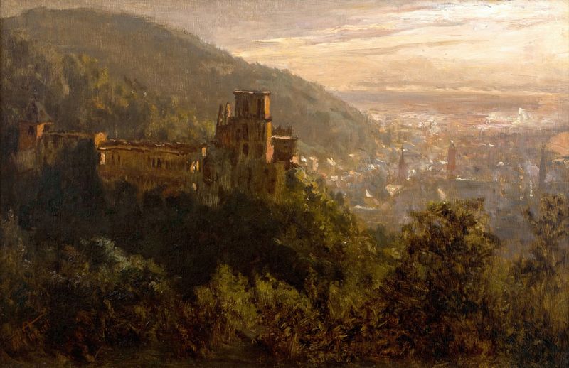 Twilight landscape with Heidelberg castle, oil on canvas by Felix Possart