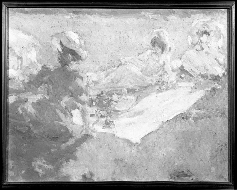 Três mulheres fazendo um piquenique na grama verde, óleo sobre papelão de Joseph Breck