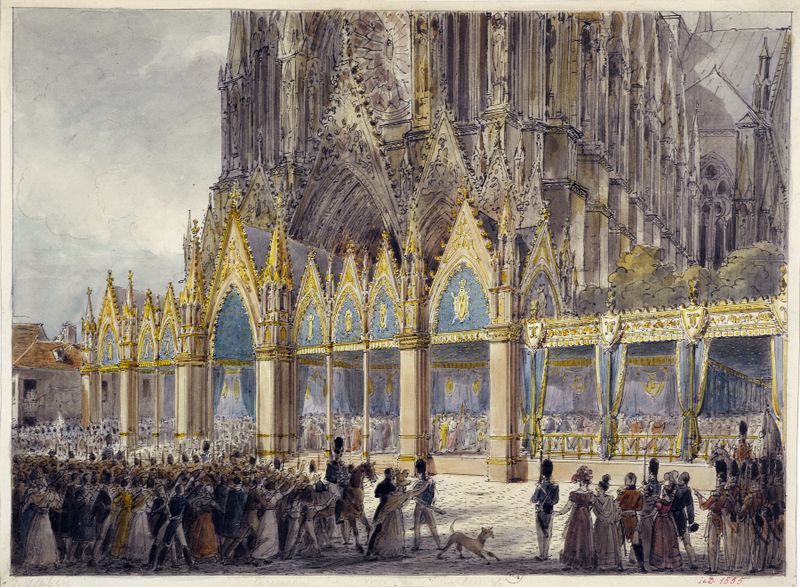 Cena histórica representando La cathédrale de Reims, pintura a óleo de Charles Abraham Chasselat
