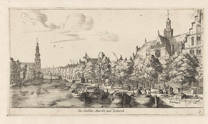 Noordermarkt met de Noorderkerk, gravura de Reinier Nooms retratando uma cena de mercado animada