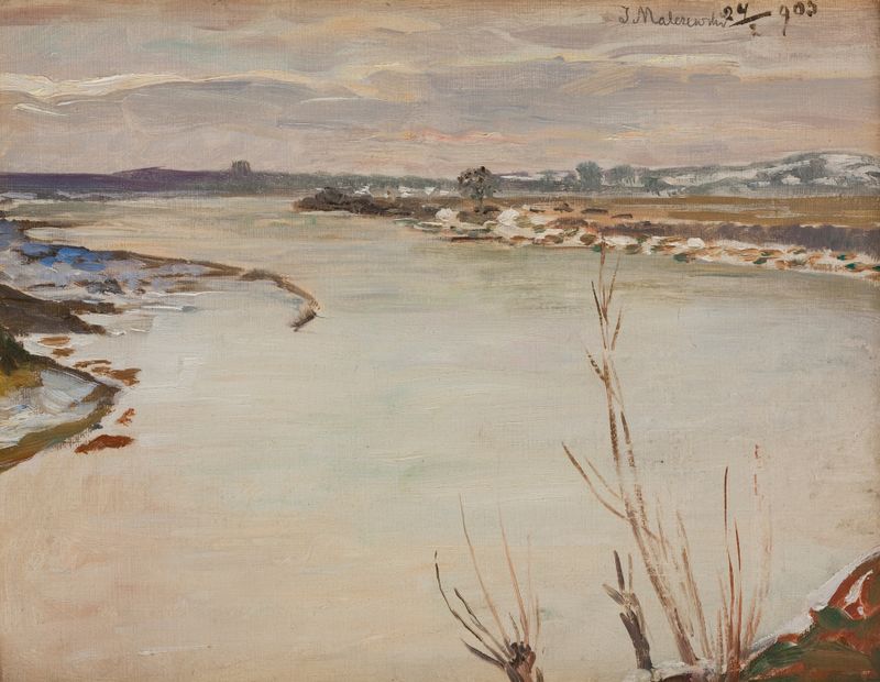 Spring Thaw by Jacek Malczewski, oil on canvas depicting a landscape with soft greens and browns.