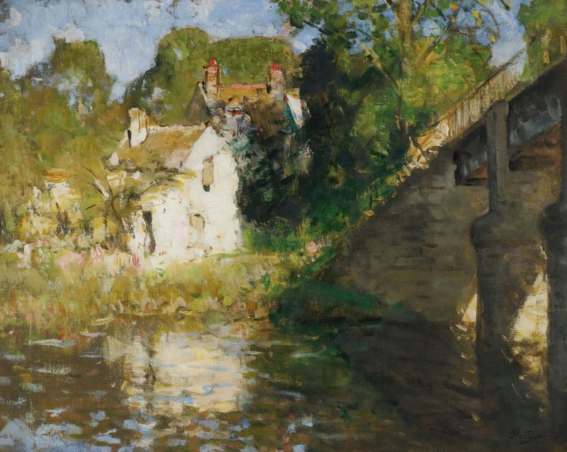 Le Pont de Pierre-Eugène Montézin, óleo sobre lienzo que representa un paisaje de río sereno con un puente.