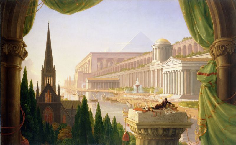 Architect’s Dream de Thomas Cole, óleo de uma figura em uma paisagem com arquitetura imponente.