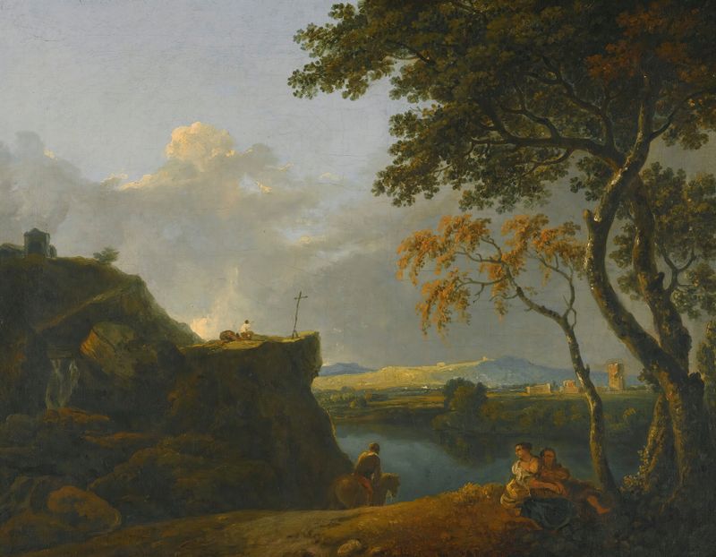 Pintura figurativa al óleo de Richard Wilson que representa a un monje en una túnica blanca en un paisaje onírico.
