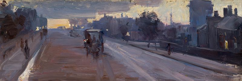 Hoddle St., 10 p.m. oil painting by Arthur Streeton depicting a twilight street scene.