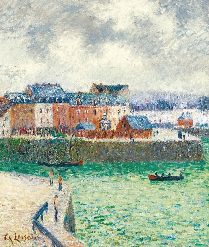 Escena marina con barcos en el puerto, óleo sobre lienzo de Gustave Loiseau