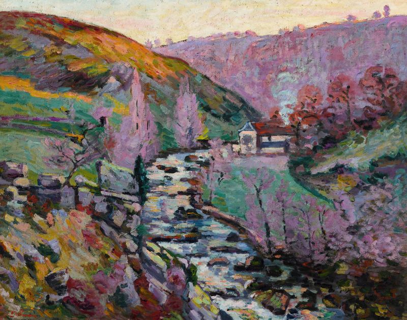Crozant, la folie, le soir de Armand Guillaumin, óleo sobre tela que retrata um pôr do sol sobre um rio.