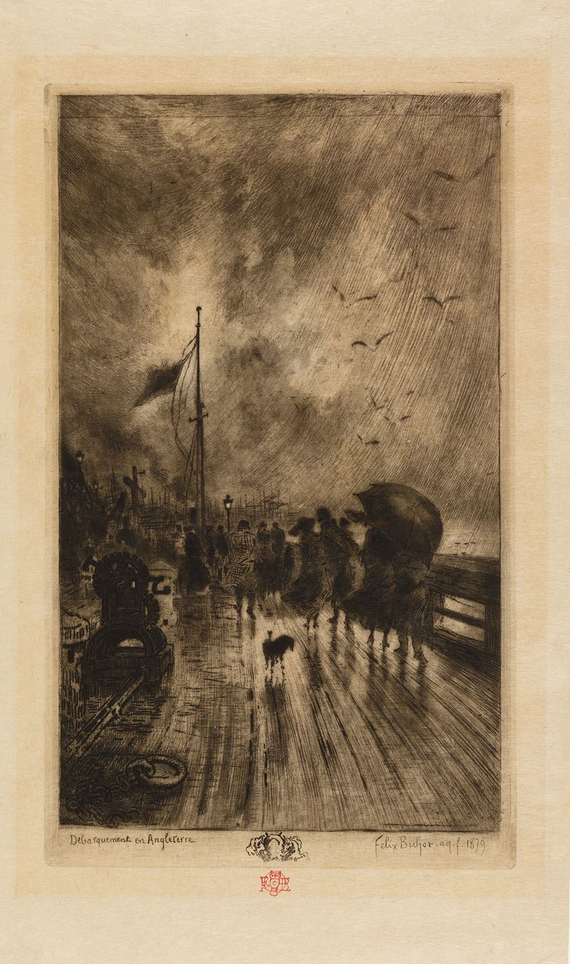 Etching by Félix Hilaire Buhot depicting a ship on the ocean with clouds.