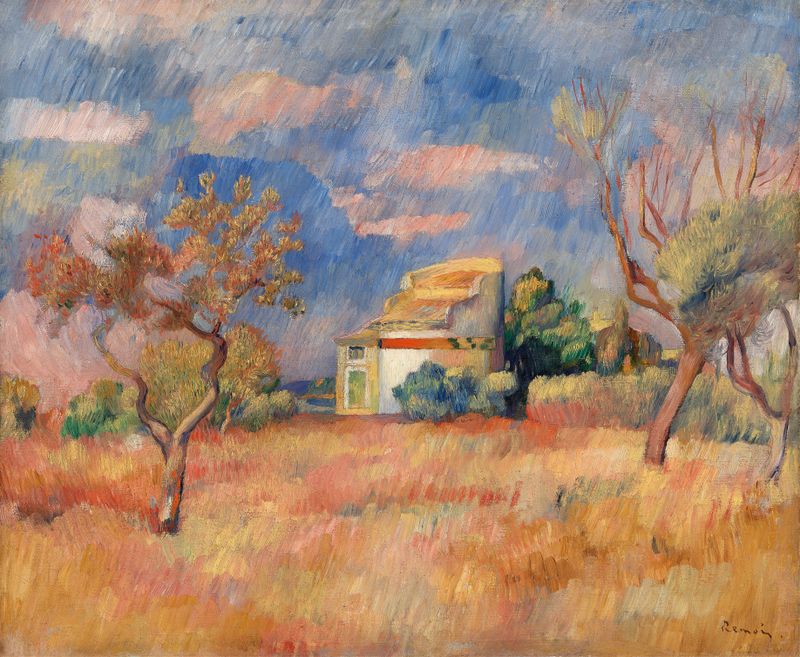 Dovecote at Bellevue de Pierre-Auguste Renoir, óleo sobre lienzo que representa un paisaje tranquilo.