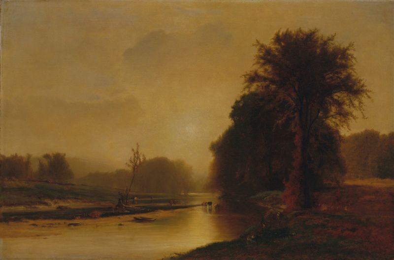 Autumn Meadows de George Inness, óleo sobre tela representando uma paisagem com folhagem de outono e luz dourada.