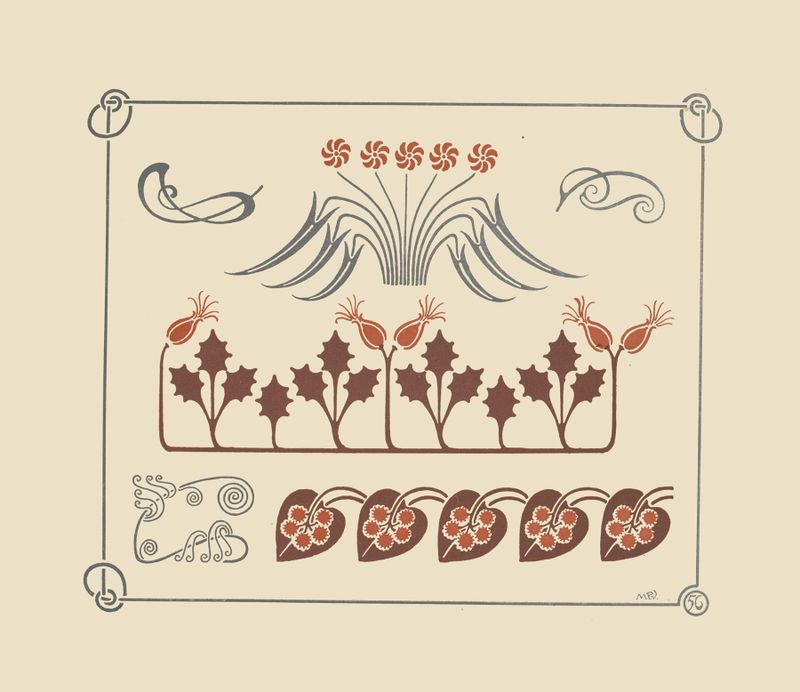 Design botânico abstrato com flores e folhas de Maurice Pillard Verneuil, aquarela sobre papel